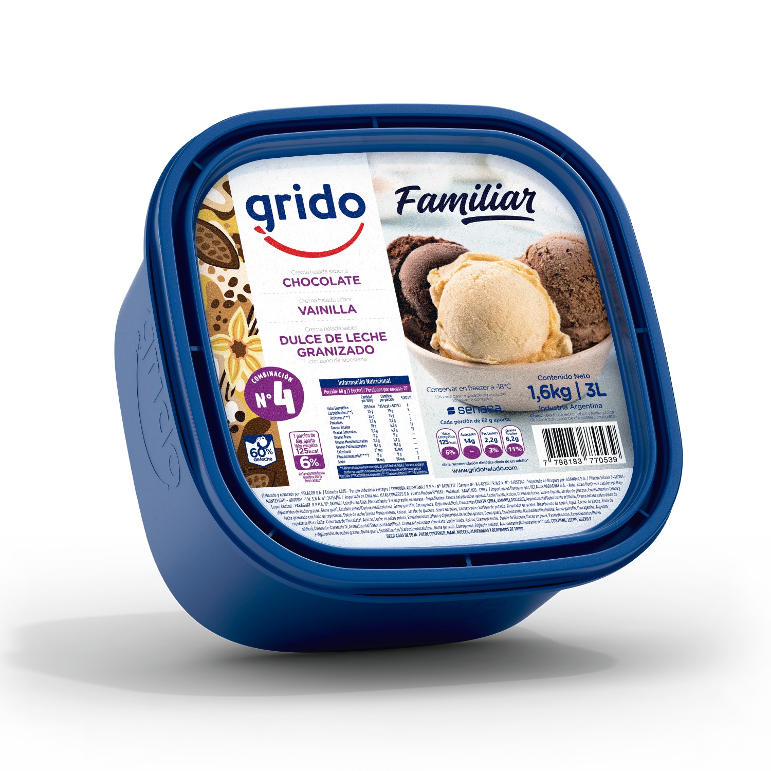 Familiar 3L de Chocolate, Vainilla y Dulce de Leche Granizado