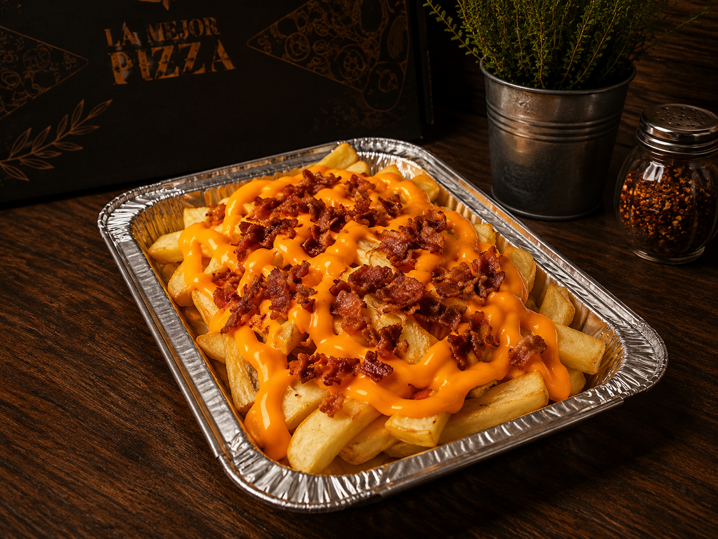 Papas cheddar y panceta